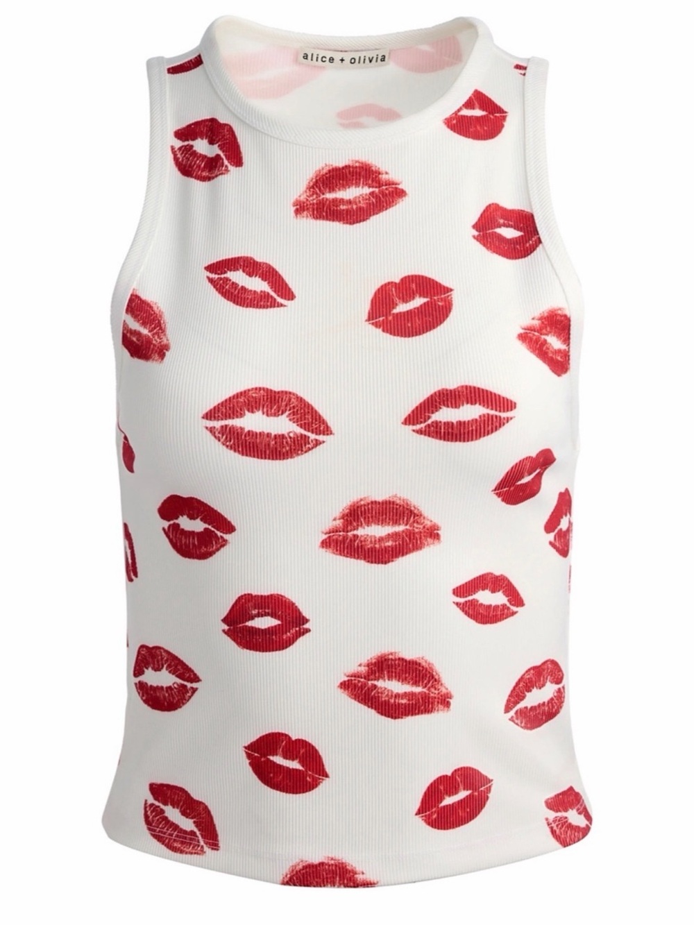 Alice + Olivia White Ribbed Tank with Red Lip Print